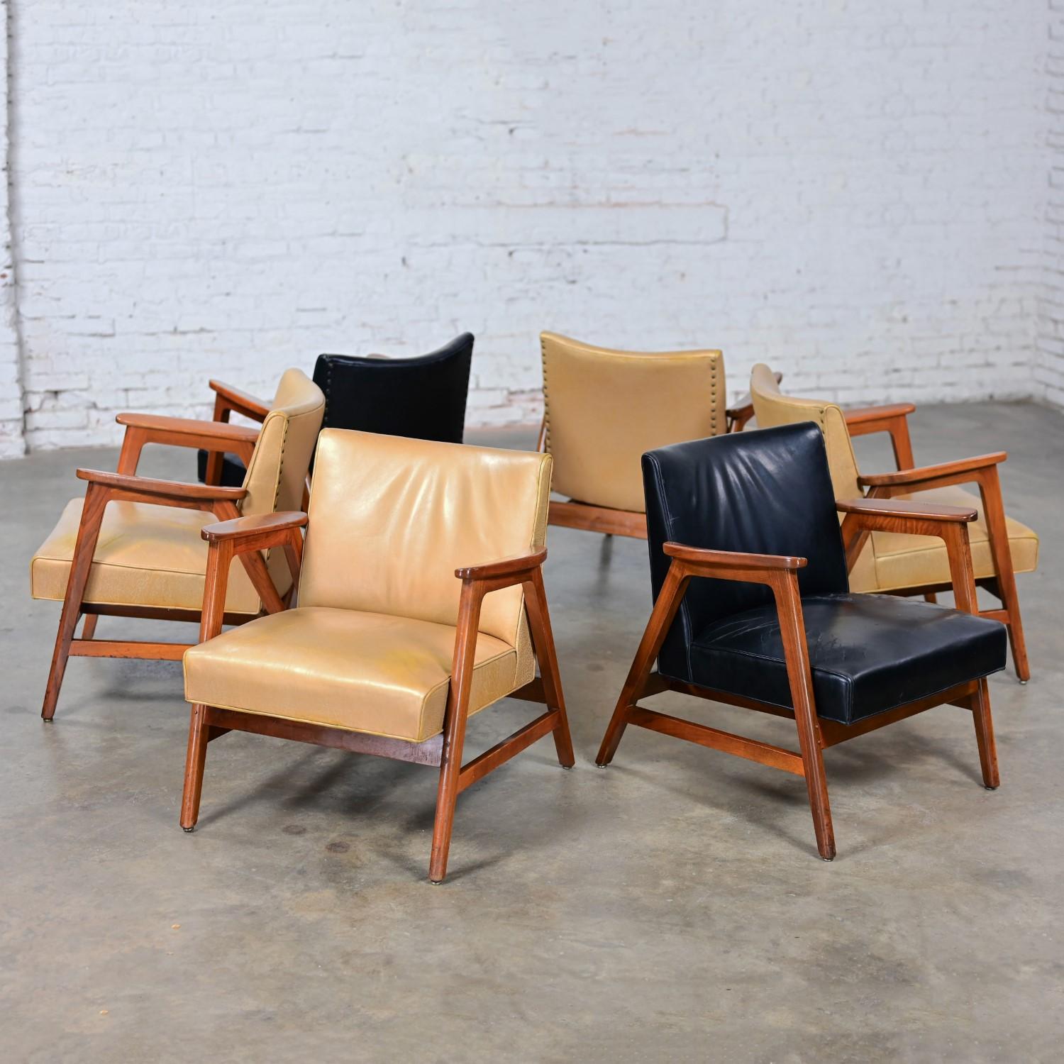 20th Century Set of 6 MCM Gunlocke Armchairs 4 Gold & 2 Black Leather with Walnut Frames