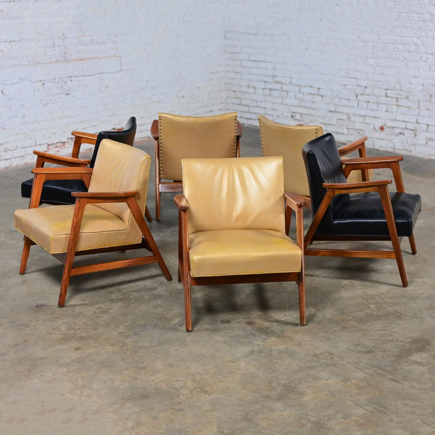 Metal Set of 6 MCM Gunlocke Armchairs 4 Gold & 2 Black Leather with Walnut Frames