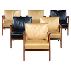 Set of 6 MCM Gunlocke Armchairs 4 Gold & 2 Black Leather with Walnut Frames