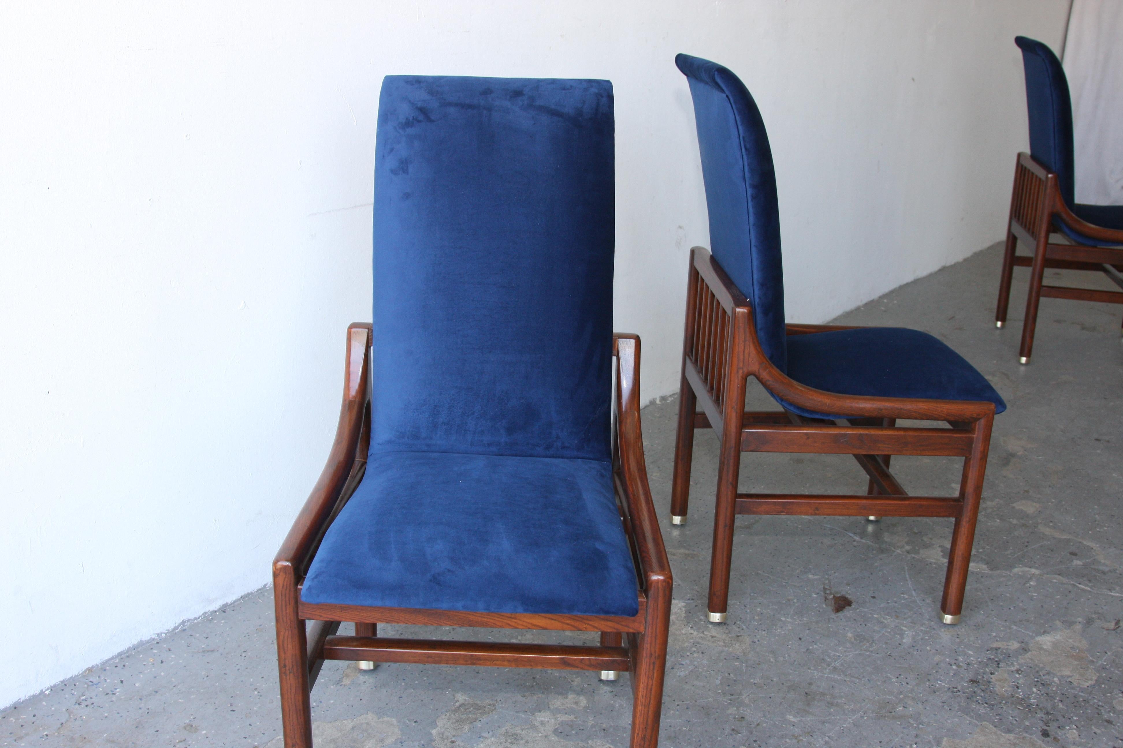 Set of 6 MCM Henredon Scene One Royal Blue velvet Campaign Parsons Dining Chairs For Sale 3