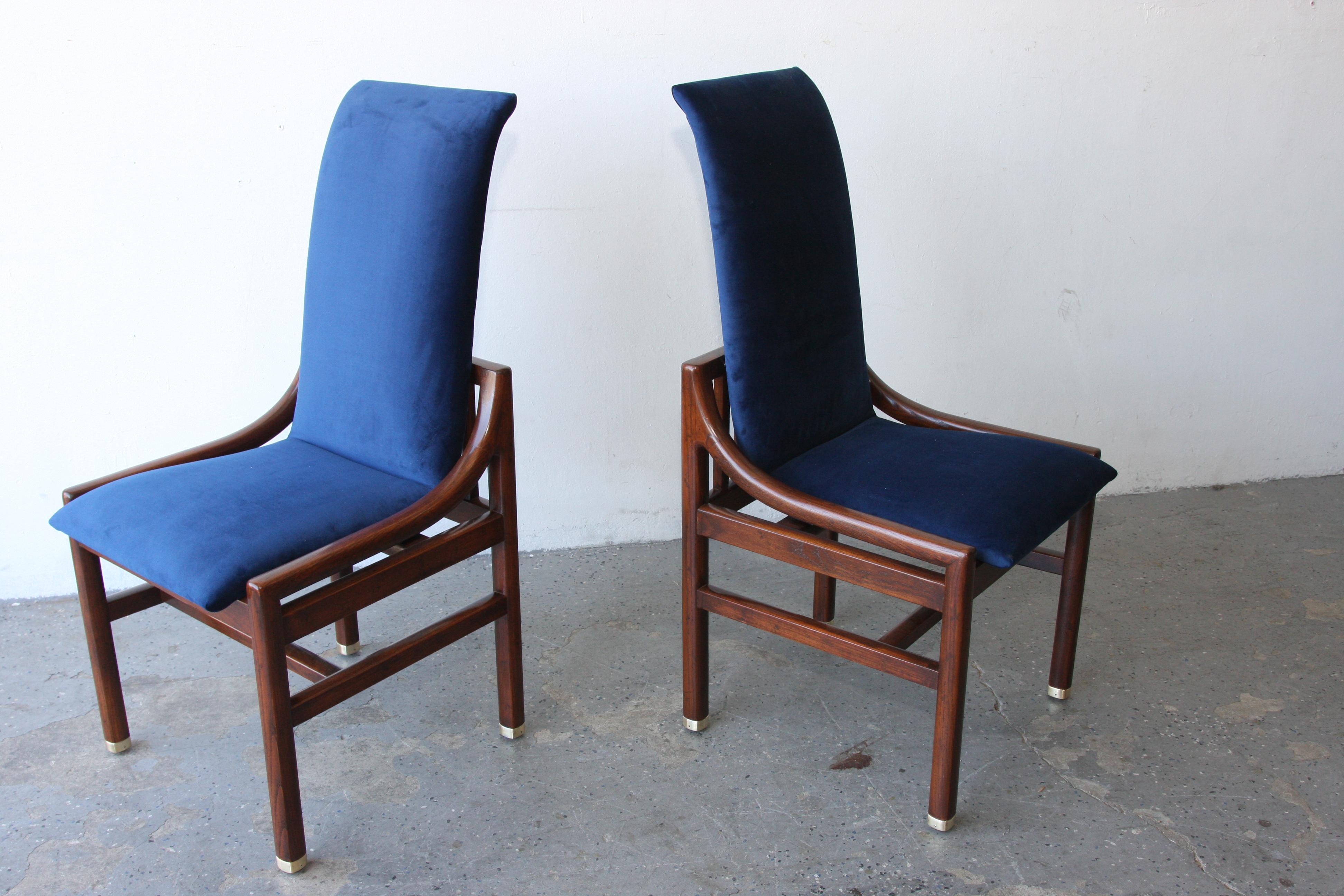 Set of 6 MCM Henredon Scene One Royal Blue velvet Campaign Parsons Dining Chairs For Sale 2