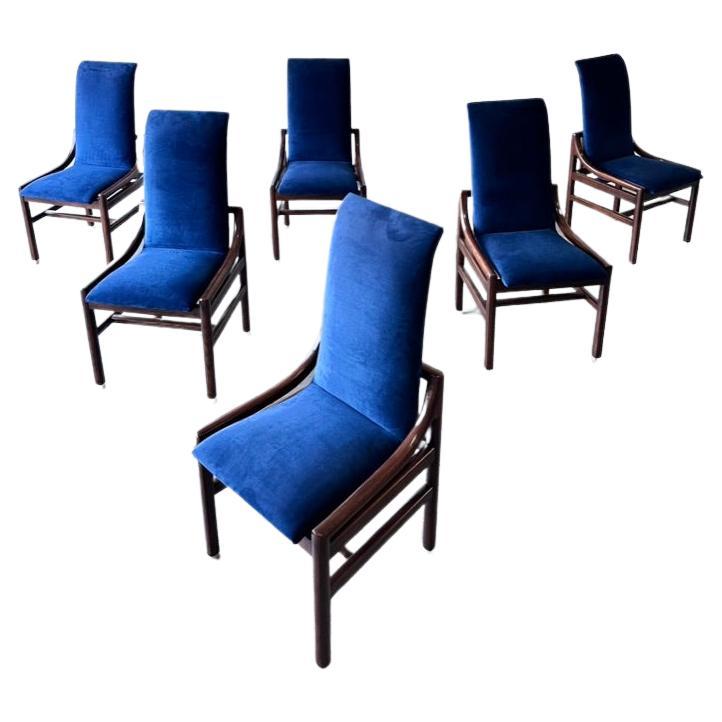 Set of 6 MCM Henredon Scene One Royal Blue velvet Campaign Parsons Dining Chairs For Sale
