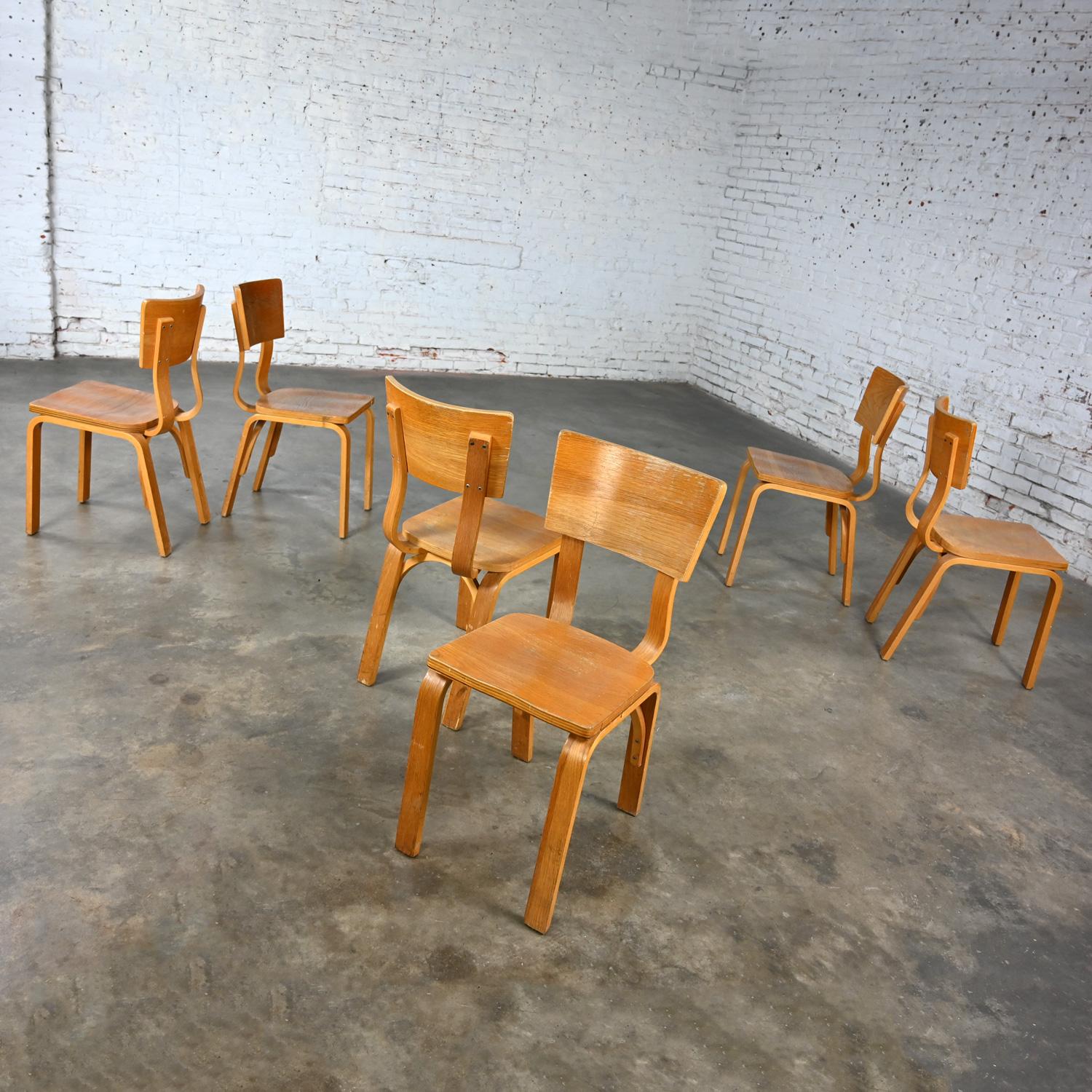 Ensemble de 6 chaises de salle à manger MCM Thonet #1216 en contreplaqué de chêne courbé, assise en selle, arc simple en vente 6