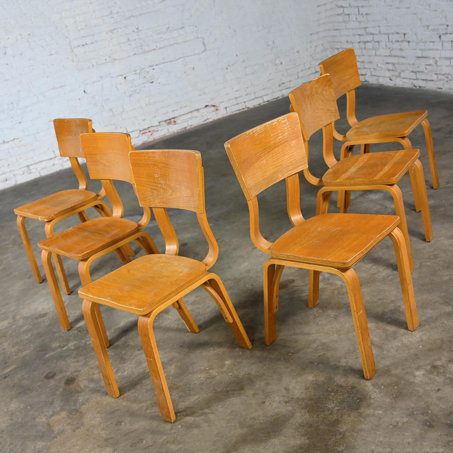 Mid-Century Modern Ensemble de 6 chaises de salle à manger MCM Thonet #1216 en contreplaqué de chêne courbé, assise en selle, arc simple en vente
