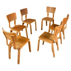 Antique Set of 6 MCM Thonet #1216 Dining Chairs Bent Oak Plywood Saddle Seat Single Bow