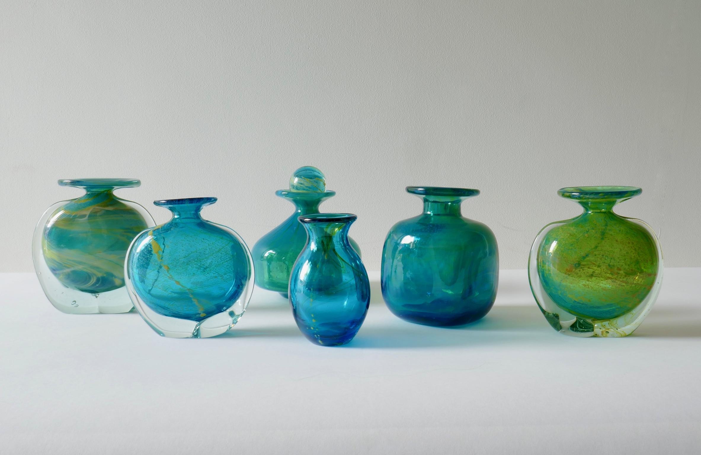 Mid-Century Modern Set of 6 Mdina Turquoise Blue and Green Glass Vases, 1960s