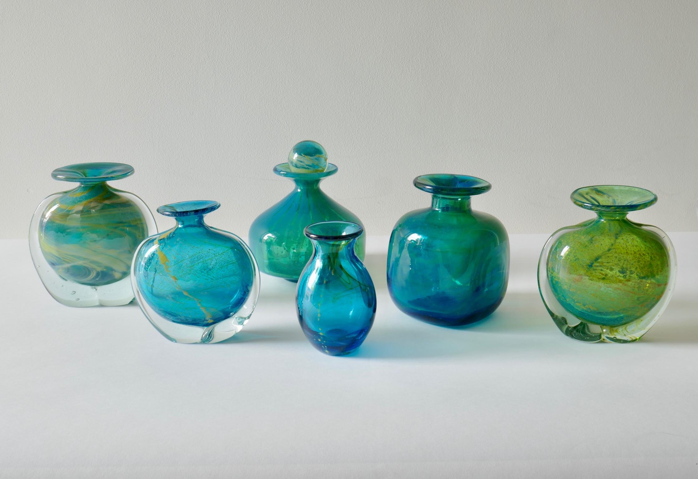 Maltese Set of 6 Mdina Turquoise Blue and Green Glass Vases, 1960s
