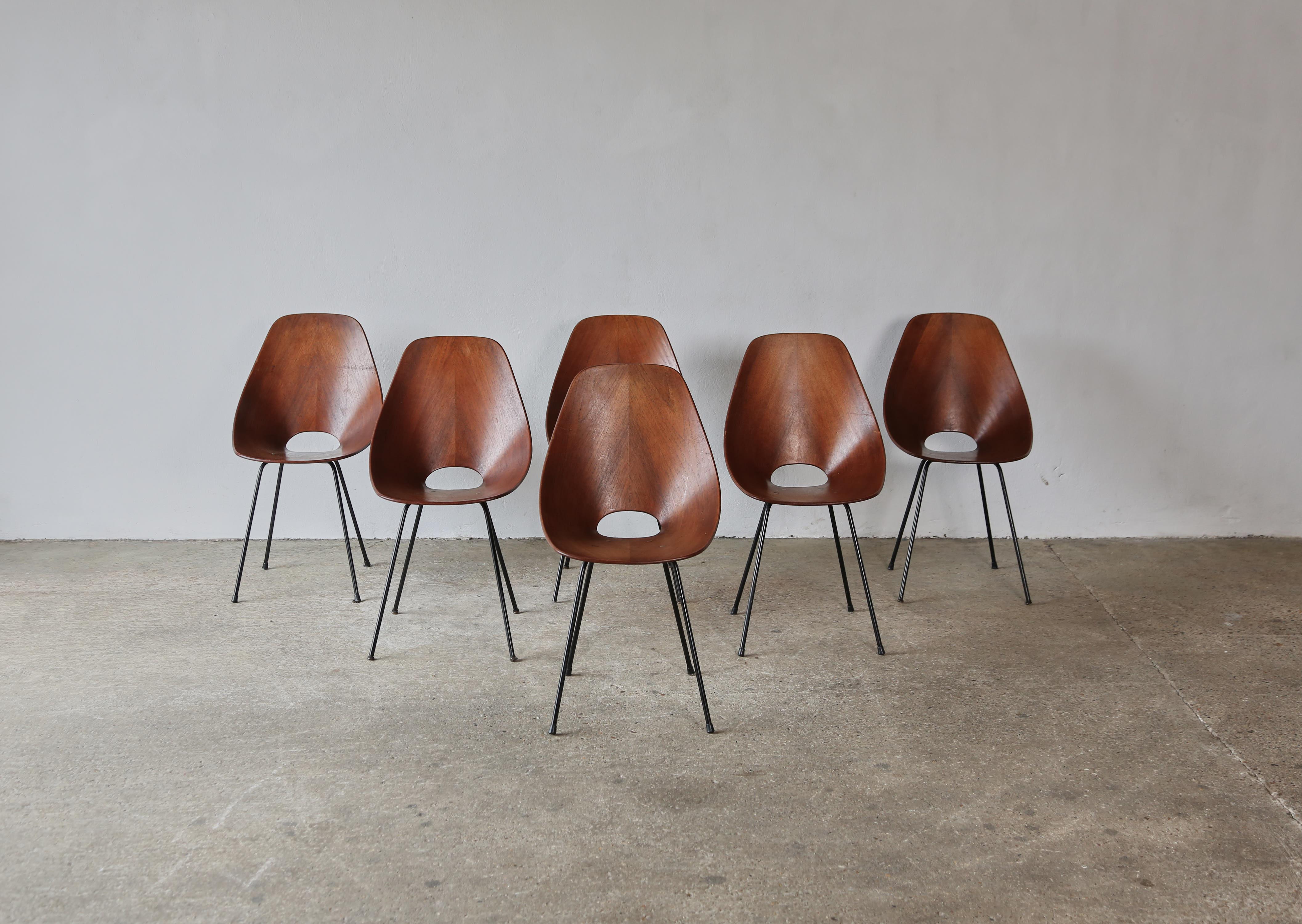 A nice set of six Medea chairs by Vittorio Nobili for Fratelli Tagliabue, Italy, 1950s. Good structural condition, some minor signs of use and wear, minor losses to edges, but good general condition and ready to use. 


