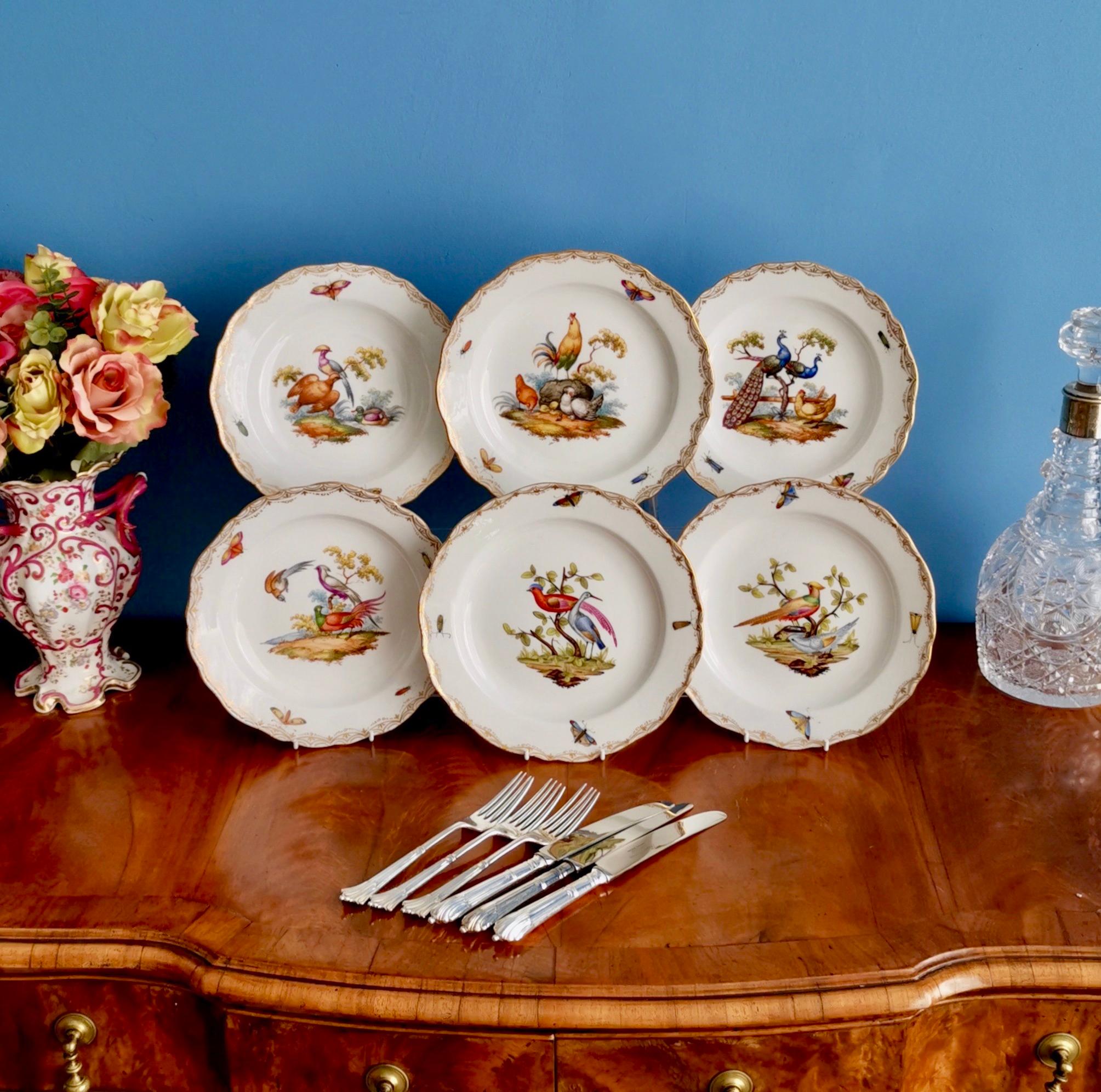This is a beautiful and very charming set of 6 small dessert plates made by Meissen between 1852 and 1870. Two of the six plates are slightly smaller than the others, but they all have the same shape, rim pattern and style so they perfectly look