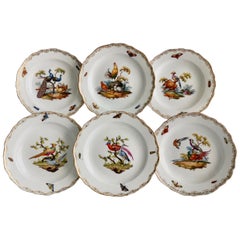 Set of 6 Meissen Porcelain Dessert Plates, White, Hand Painted Birds, 1852-1870
