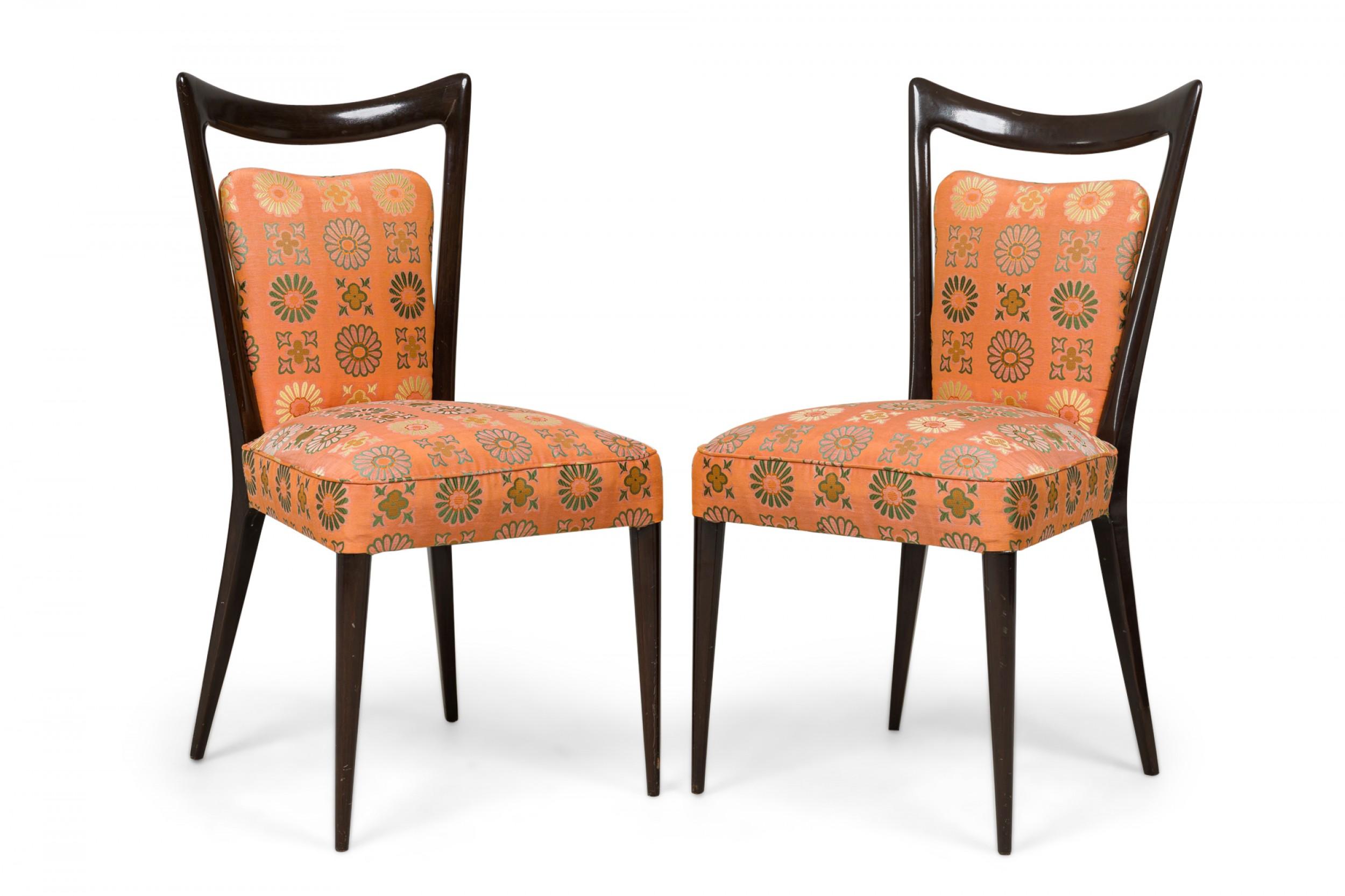 SET of 4 Mid-Century (1950s) Italian dining side chairs with molded backs, upholstered in a peach floral patterned fabric, standing on 4 tapered conical legs. (MELCHIORRE BEGA) (PRICED AS SET) (Similar chairs: REG4090B)
