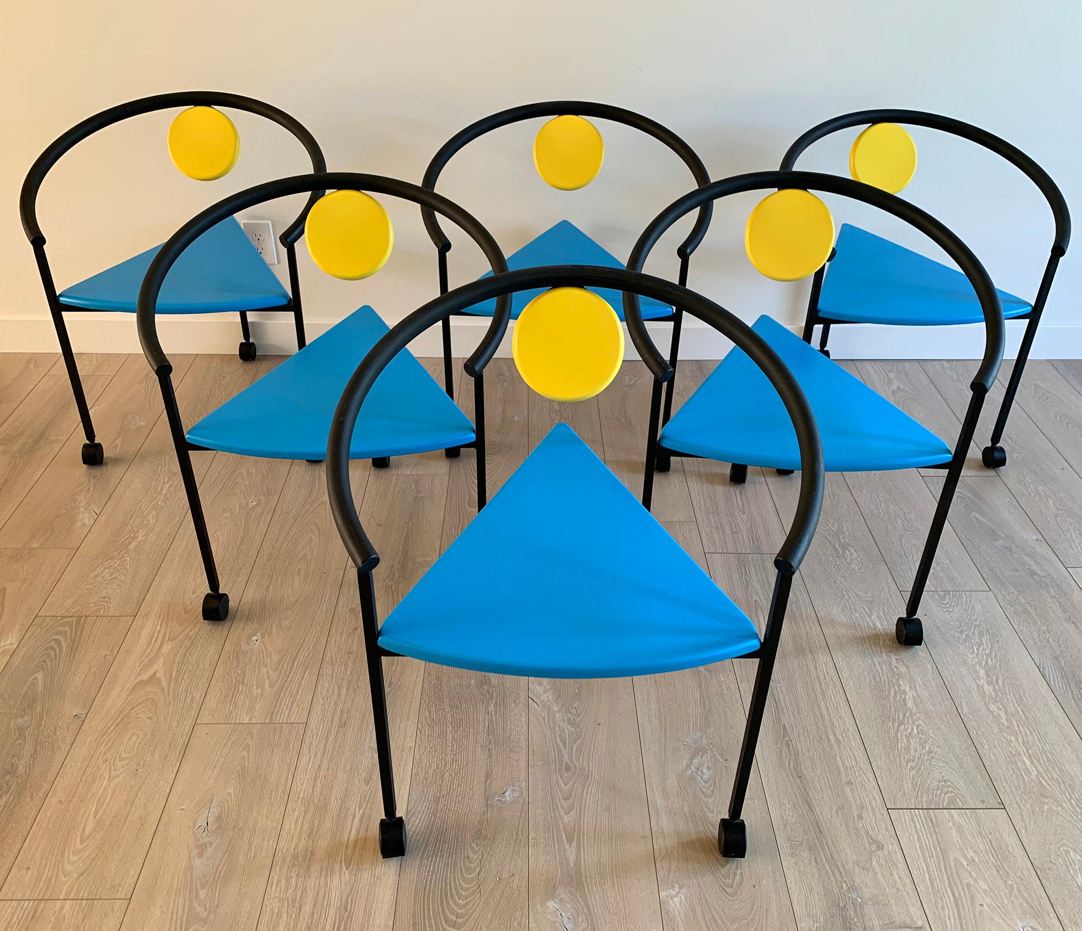 Post-Modern 6 Memphis Postmodern Three-Legged Dining Chairs Manner of Michele De Lucci