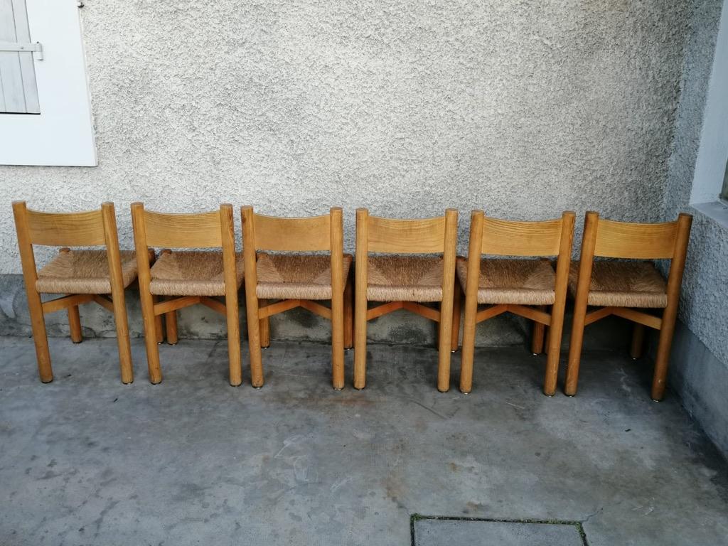 Set of 6 Meribel Dining Chairs by Charlotte Perriand, France, circa 1950s In Good Condition For Sale In Geneva, CH