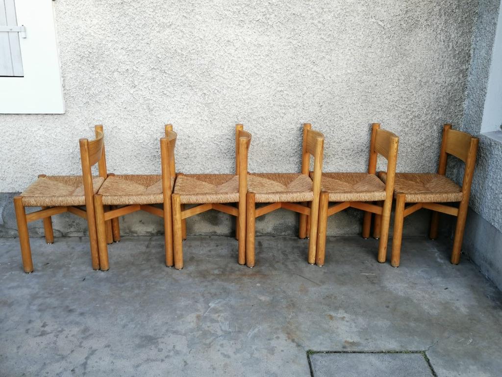 Français Ensemble de 6 chaises de salle à manger Meribel par Charlotte Perriand, France, vers 1950 en vente