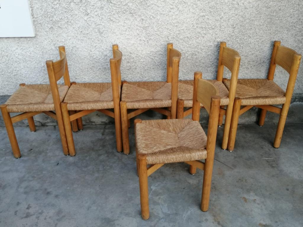 Straw Set of 6 Meribel Dining Chairs by Charlotte Perriand, France, circa 1950s For Sale