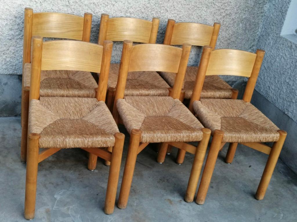 Milieu du XXe siècle Ensemble de 6 chaises de salle à manger Meribel par Charlotte Perriand, France, vers 1950 en vente