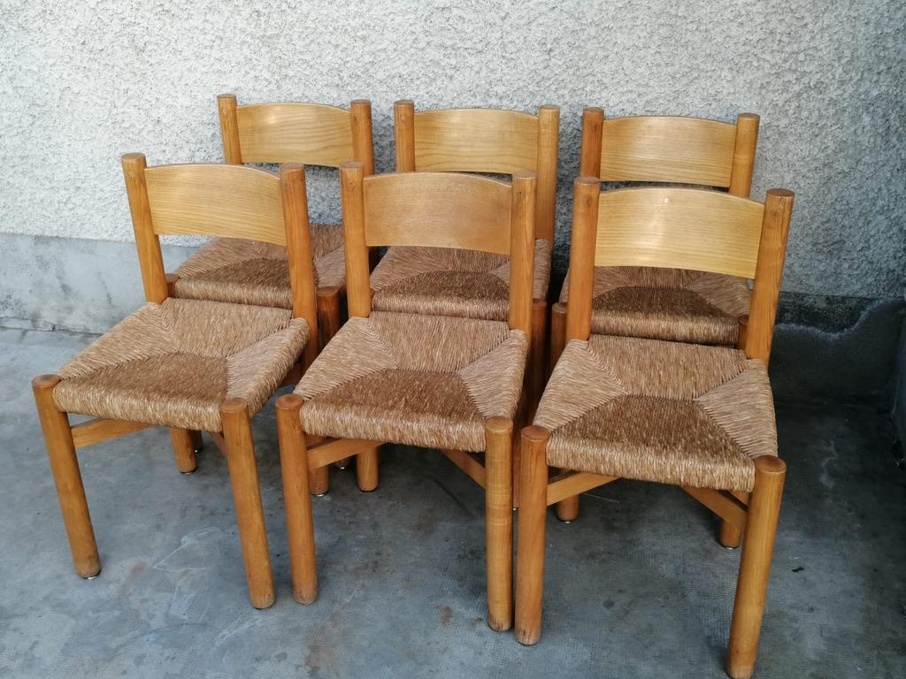 Paille Ensemble de 6 chaises de salle à manger Meribel par Charlotte Perriand, France, vers 1950 en vente