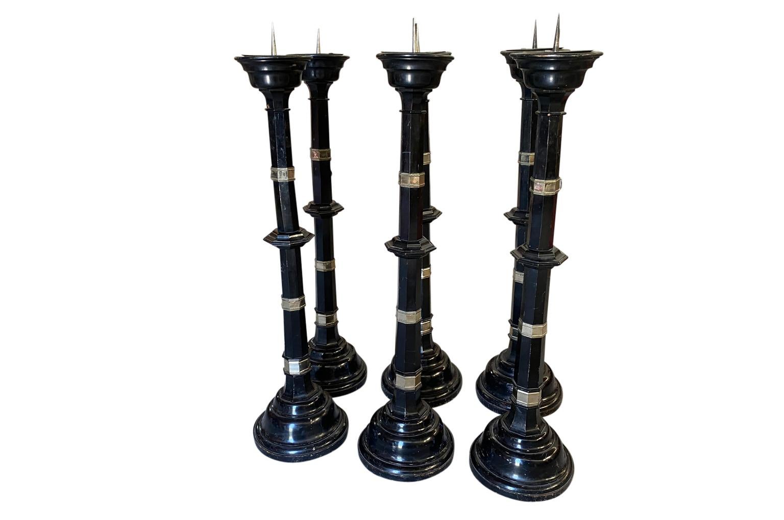 A stunning set of 6 Pique Cireges from London, England. Beautifully constructed from lacquered wood with metal accents. Super chic. The Pique Cierges may be purchased in the set of 6 or in pairs. The price for the pair is $7500.