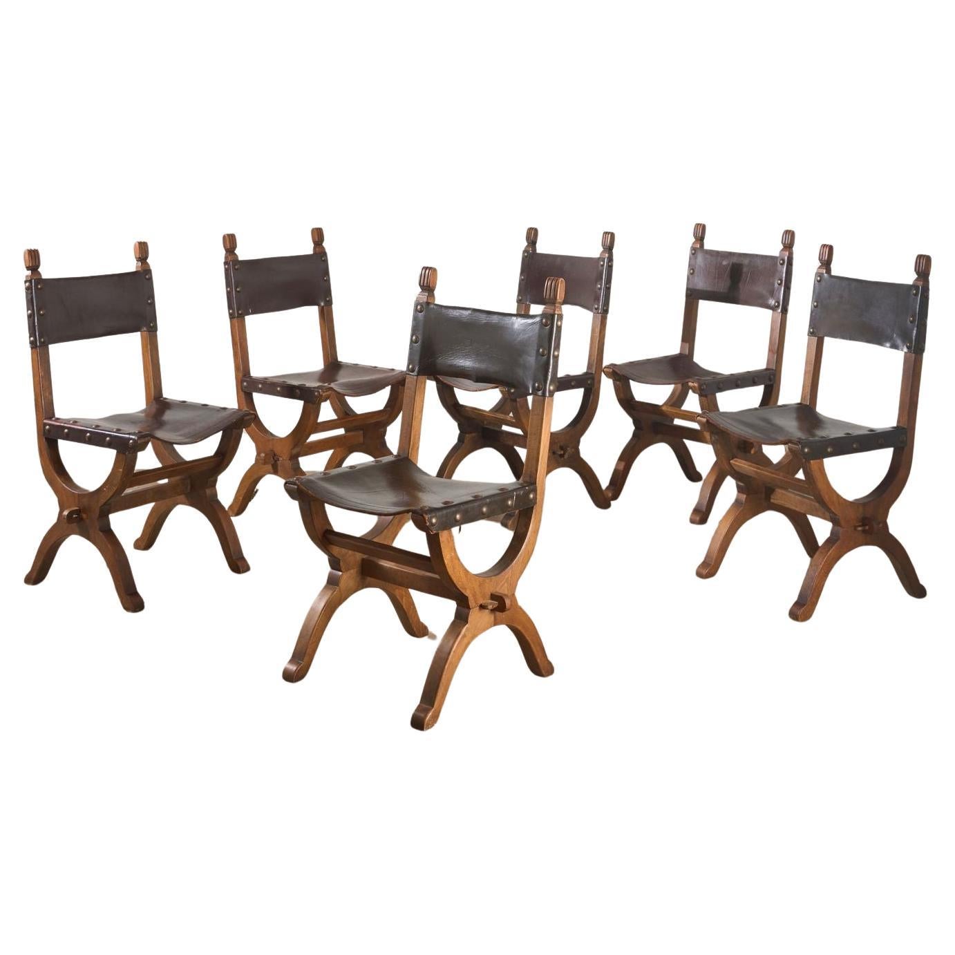 Set of 6 Mid 20th century Spanish walnut and leather dining chairs