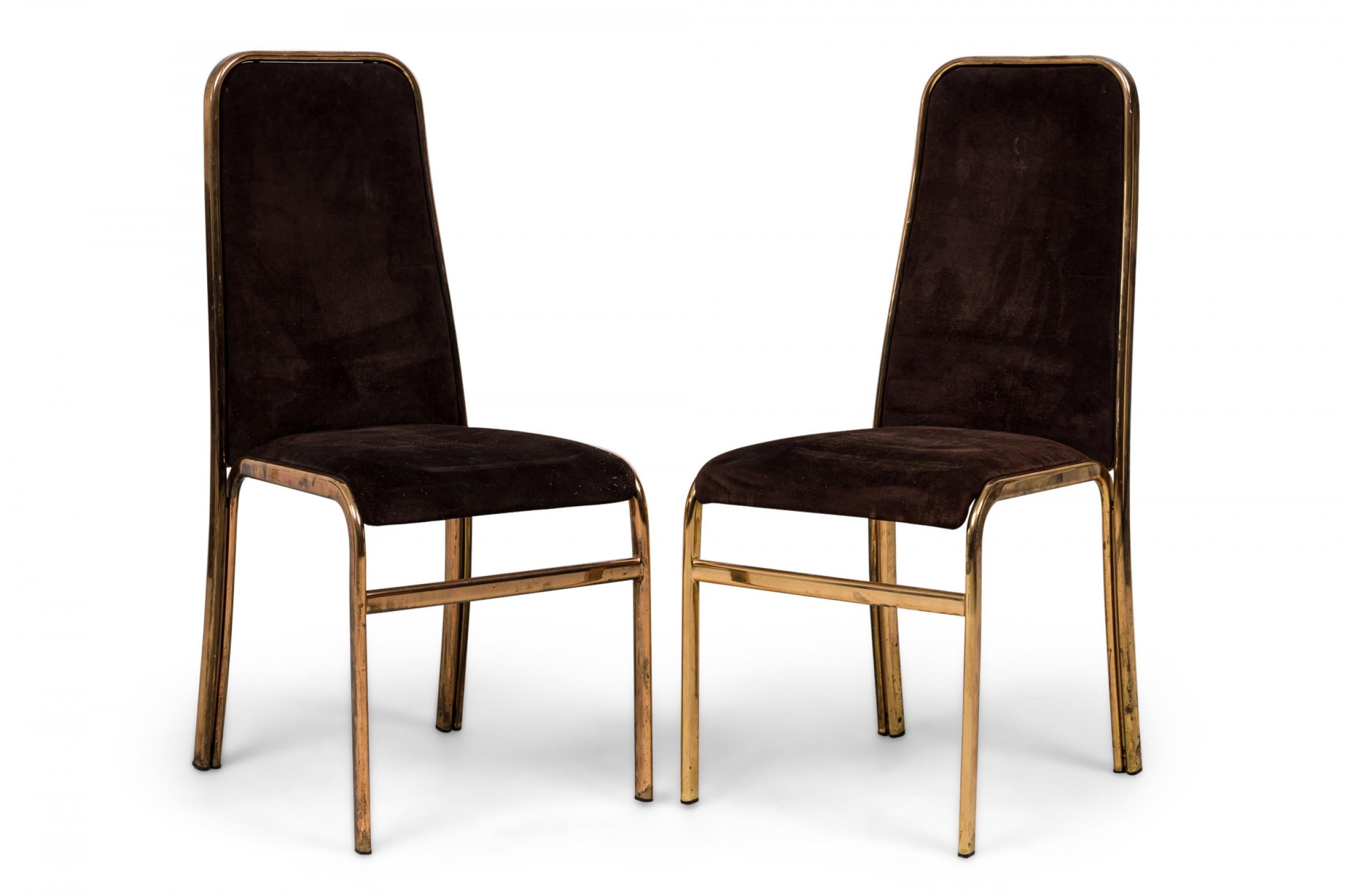 Set of 6 Mid-Century American brass sculptural dining chairs in flattened tubular form featuring sloped and tapered rectangular backs with rounded shoulders and convex seats, upholstered in dark chocolate brown suede. (PRICED AS SET)