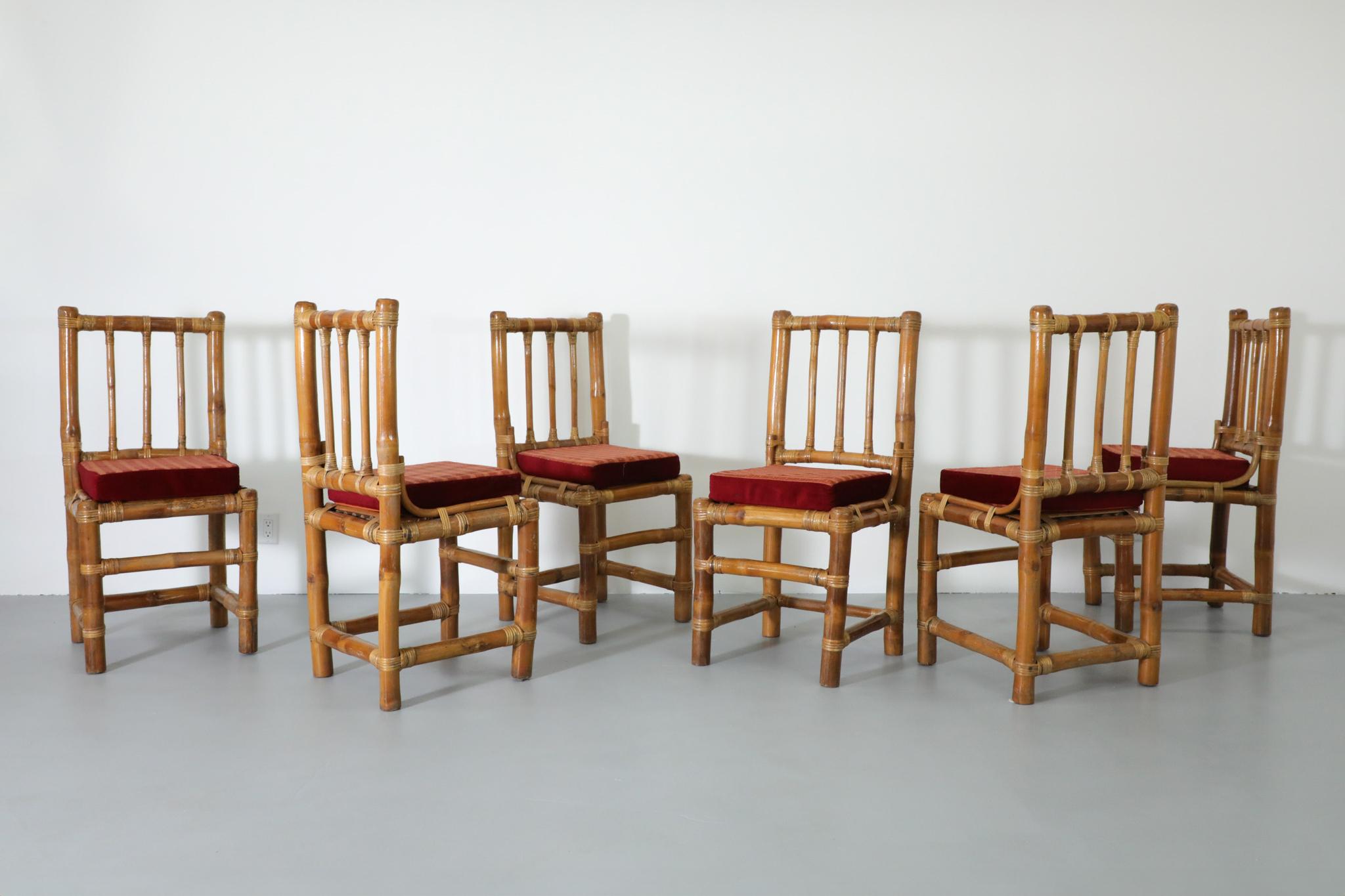 Handsome set of six Vittorio Bonacina inspired, 'Tropicalist' style, high back natural bamboo dining chairs with removable red, plush cushions. 