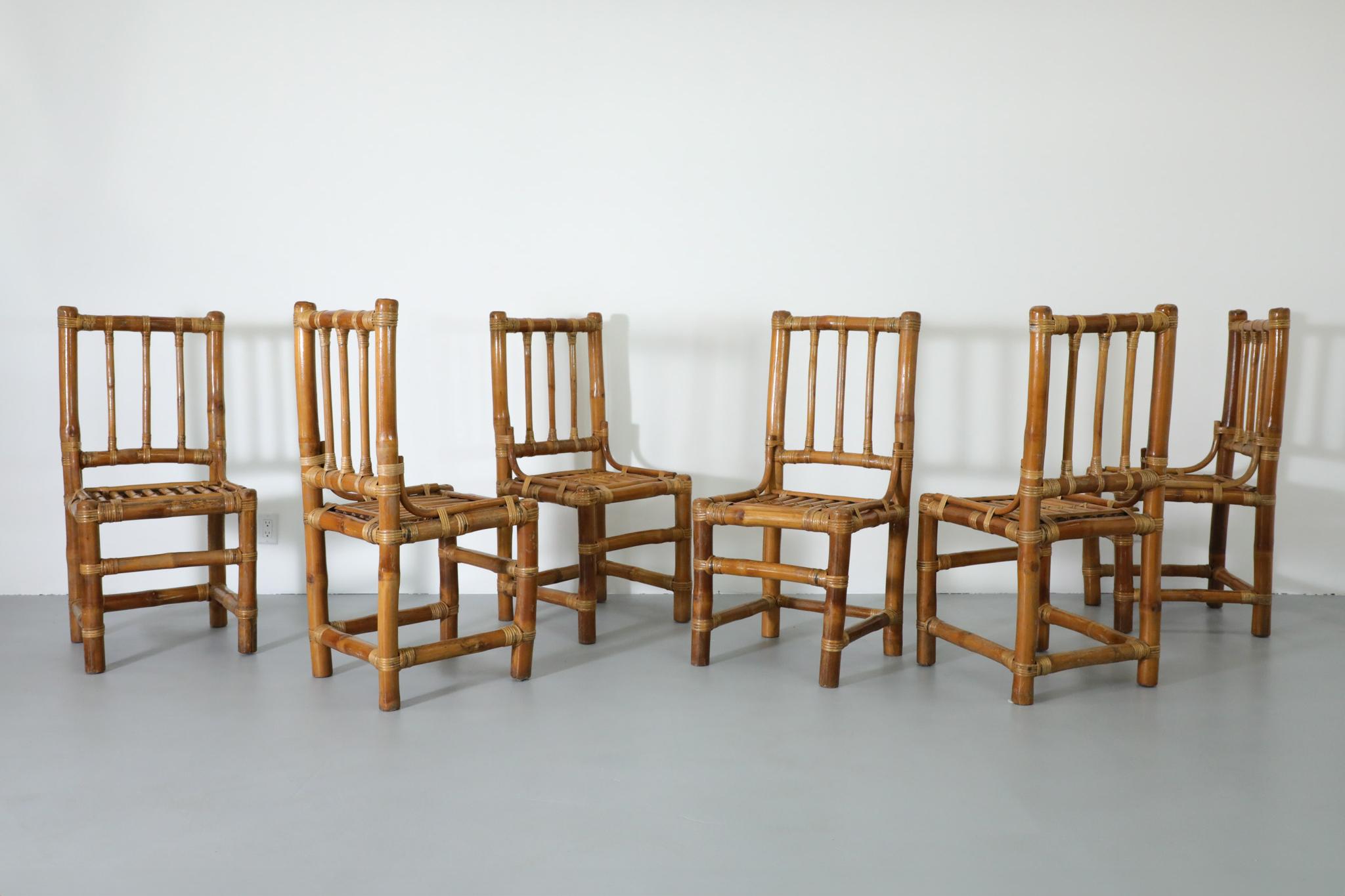 Mid-Century Modern Set of 6 Mid-Century bamboo dining chairs in Tropicalist Style For Sale