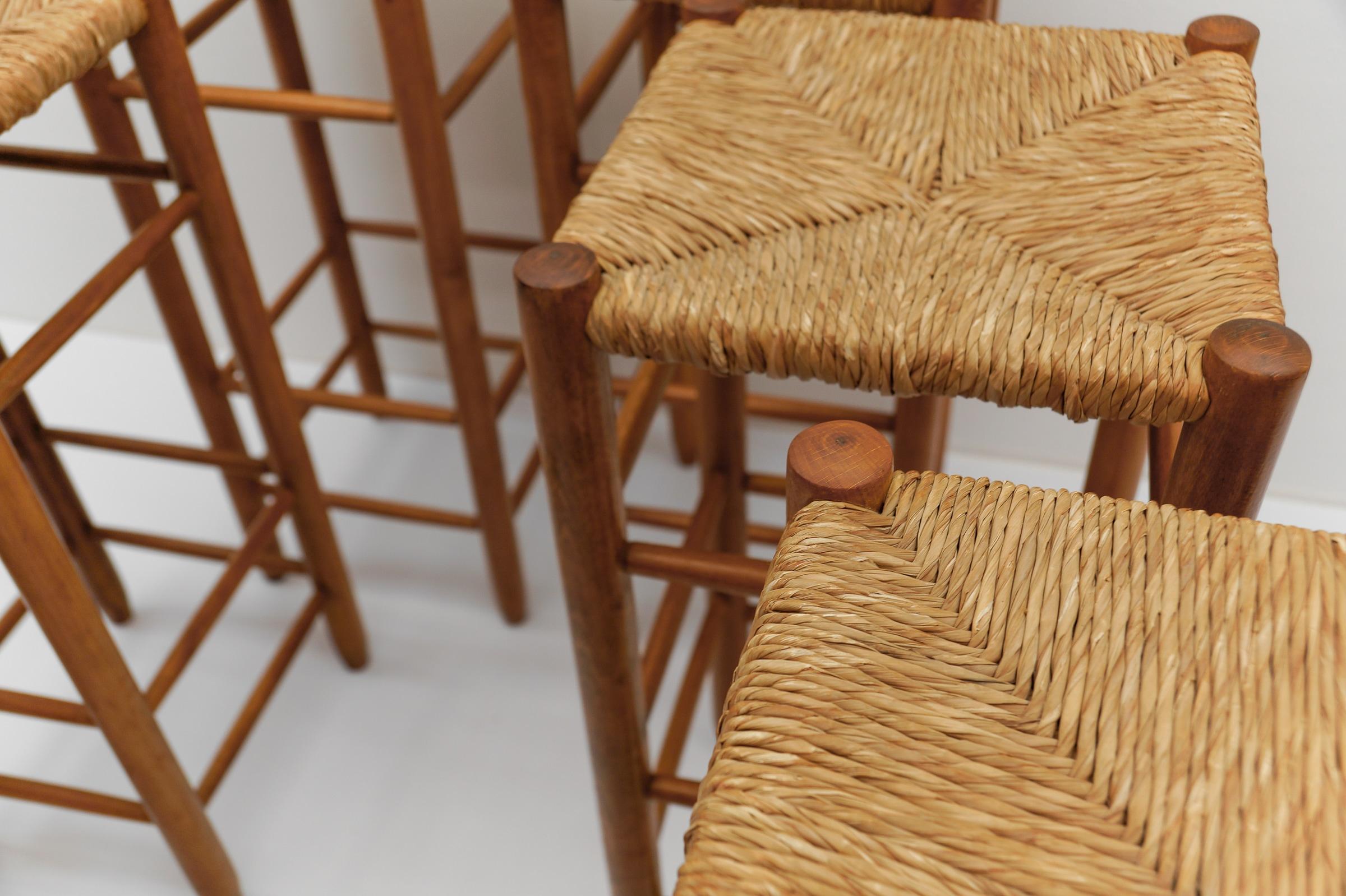 Set of 6 Mid-Century Bar Stools in Wood and Bast, 1960s Italy For Sale 9