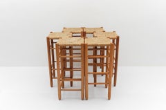 Set of 6 Mid-Century Bar Stools in Wood and Bast, 1960s France