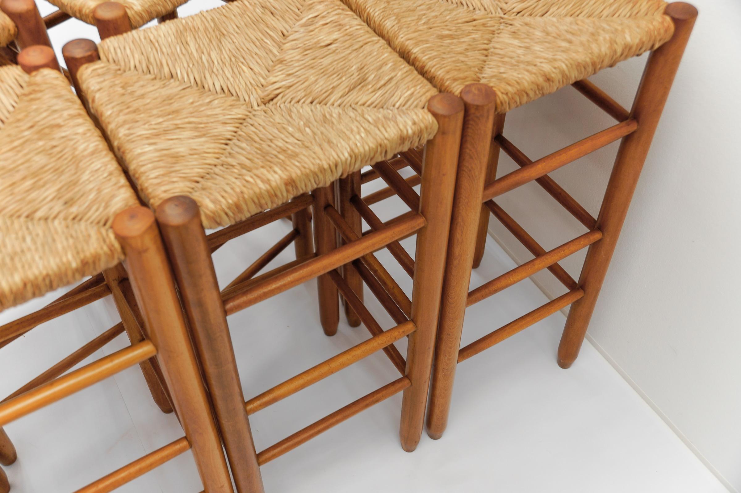 Set of 6 Mid-Century Bar Stools in Wood and Bast, 1960s Italy For Sale 14
