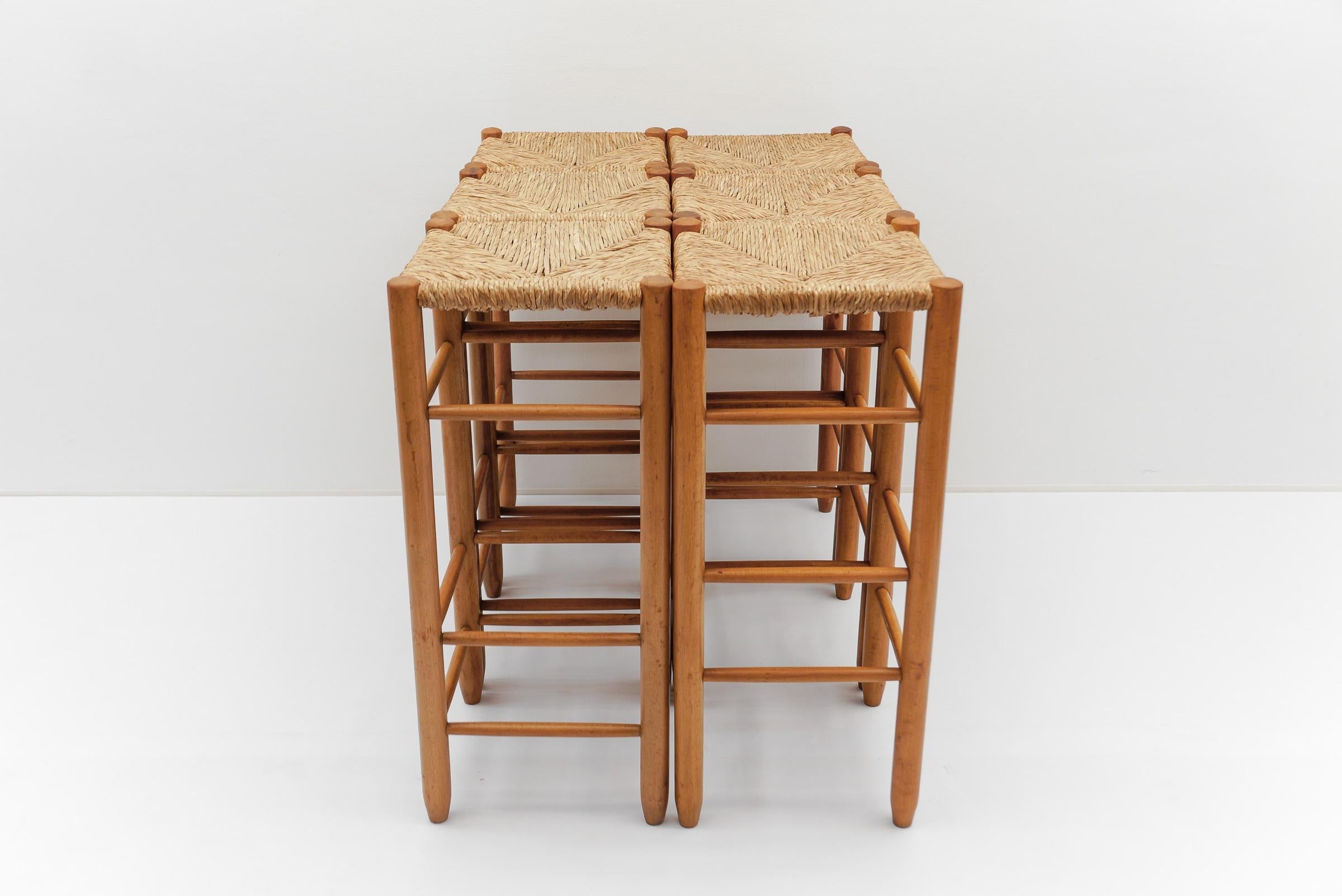 Italian Set of 6 Mid-Century Bar Stools in Wood and Bast, 1960s Italy For Sale