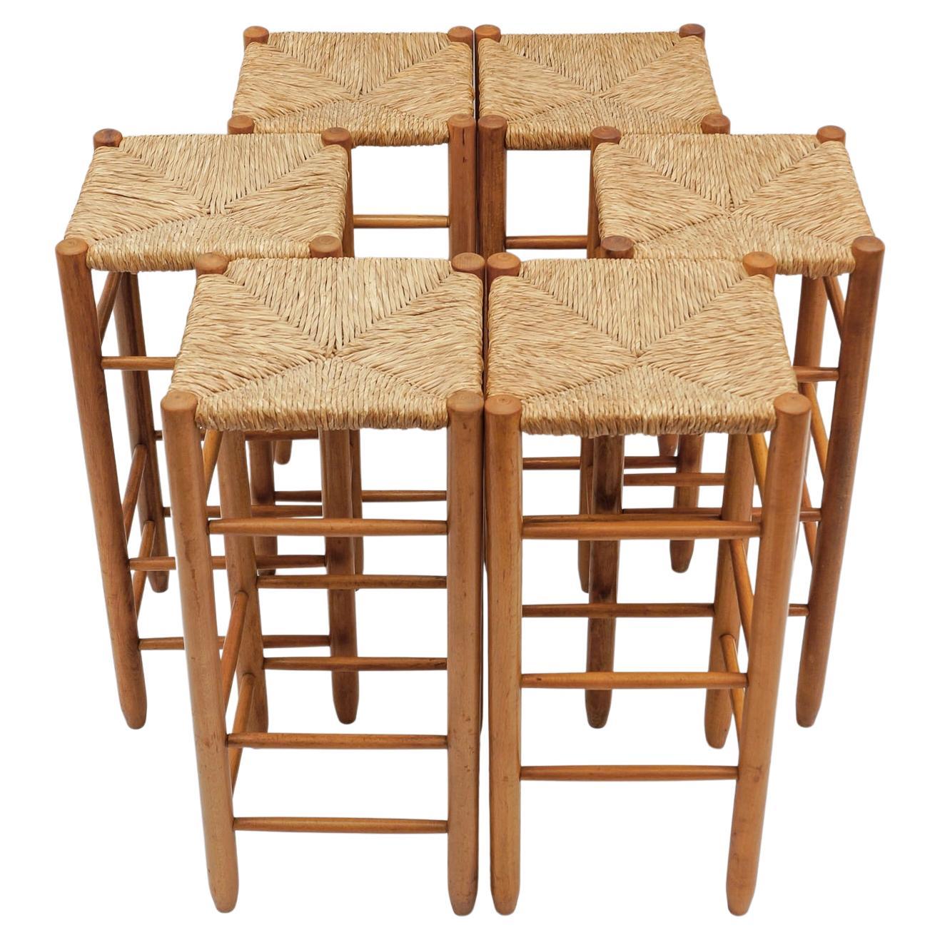 Set of 6 Mid-Century Bar Stools in Wood and Bast, 1960s Italy