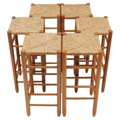 Set of 6 Mid-Century Bar Stools in Wood and Bast, 1960s Italy