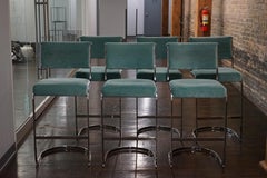 Set of 6 Mid-Century Bar Stools with Aqua Mohair Upholstery and Chrome Bases