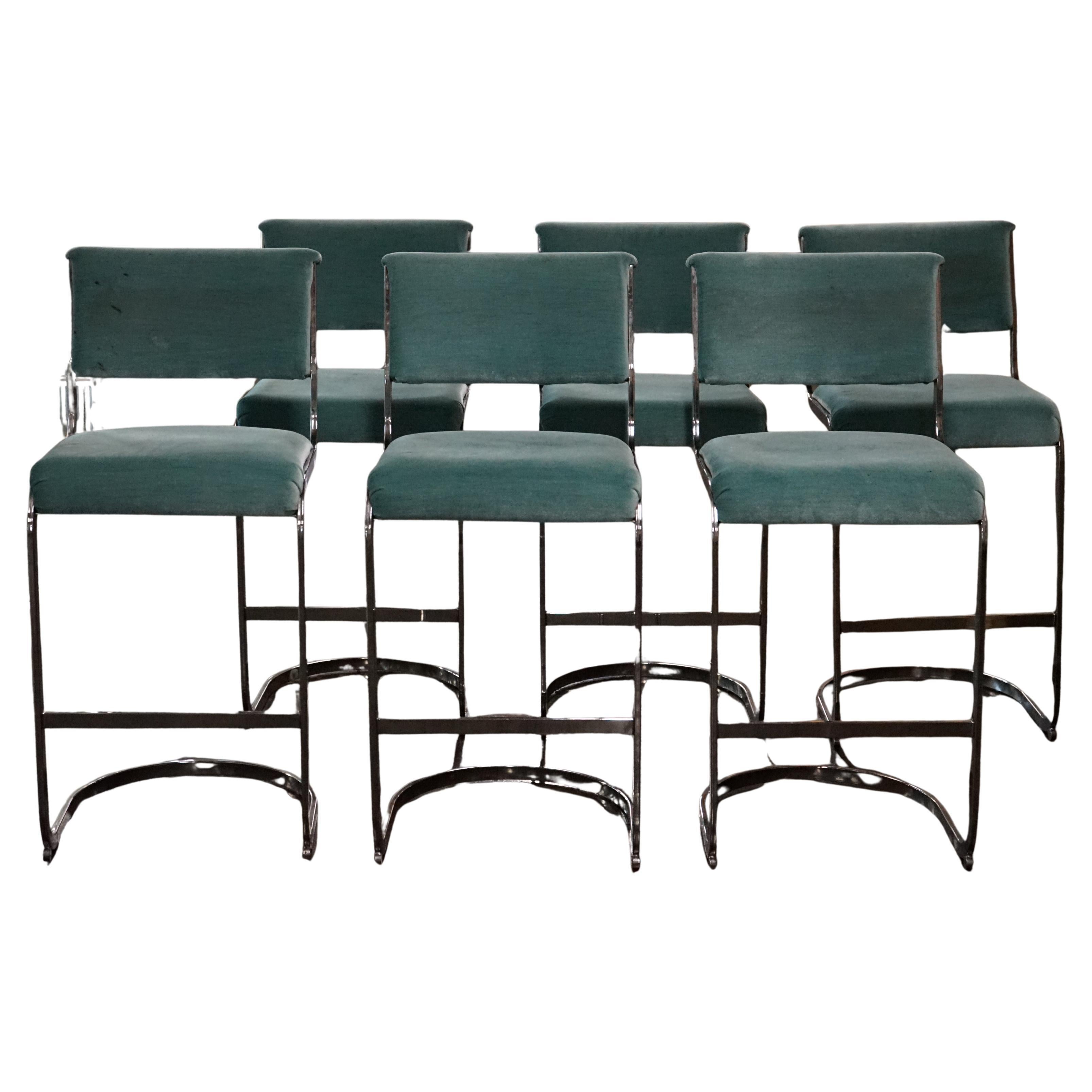 Set of 6 Mid-Century Bar Stools with Aqua Mohair Upholstery and Chrome Bases For Sale