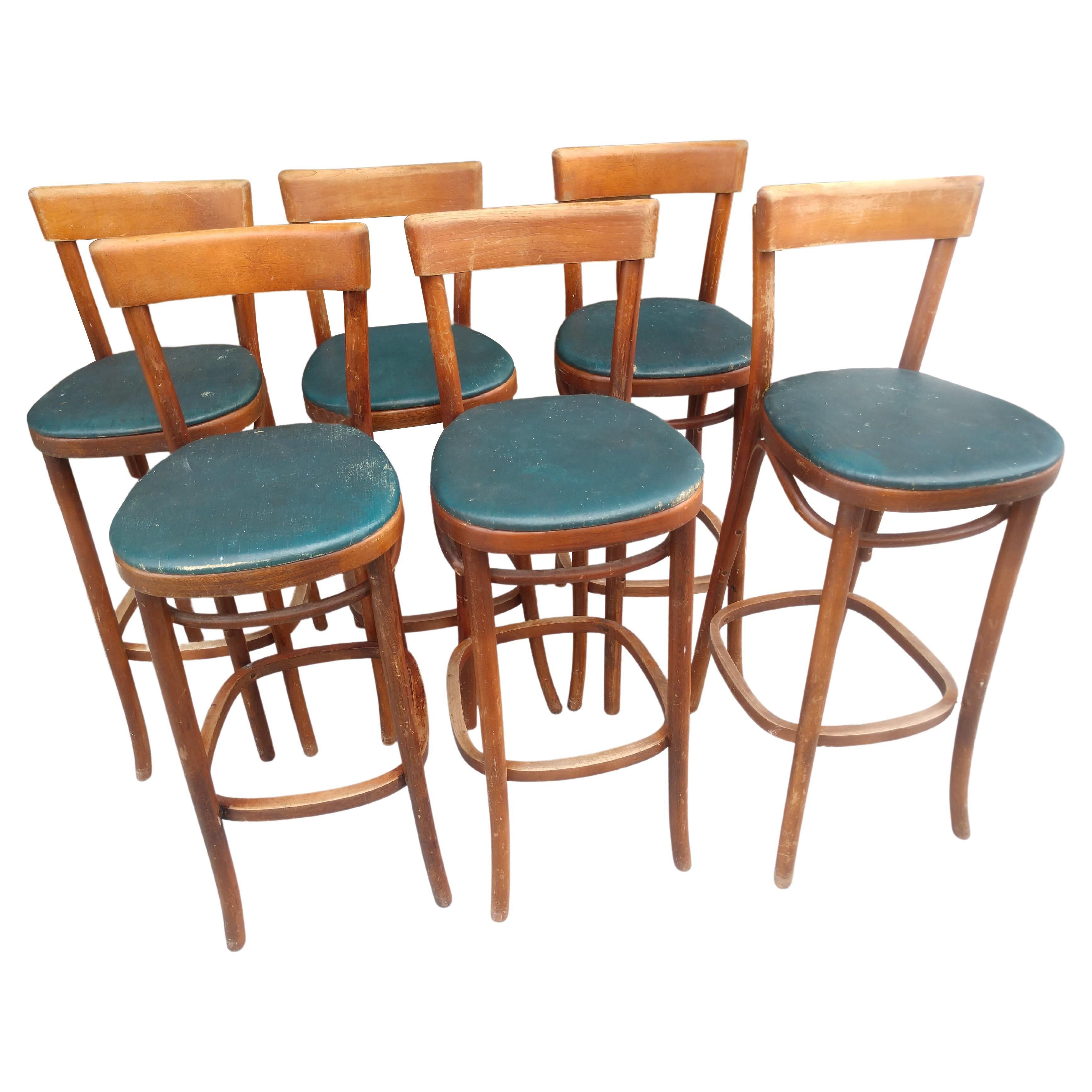 Set of 6 Mid Century Bentwood Walnut Thonet Bar Stools, C1940