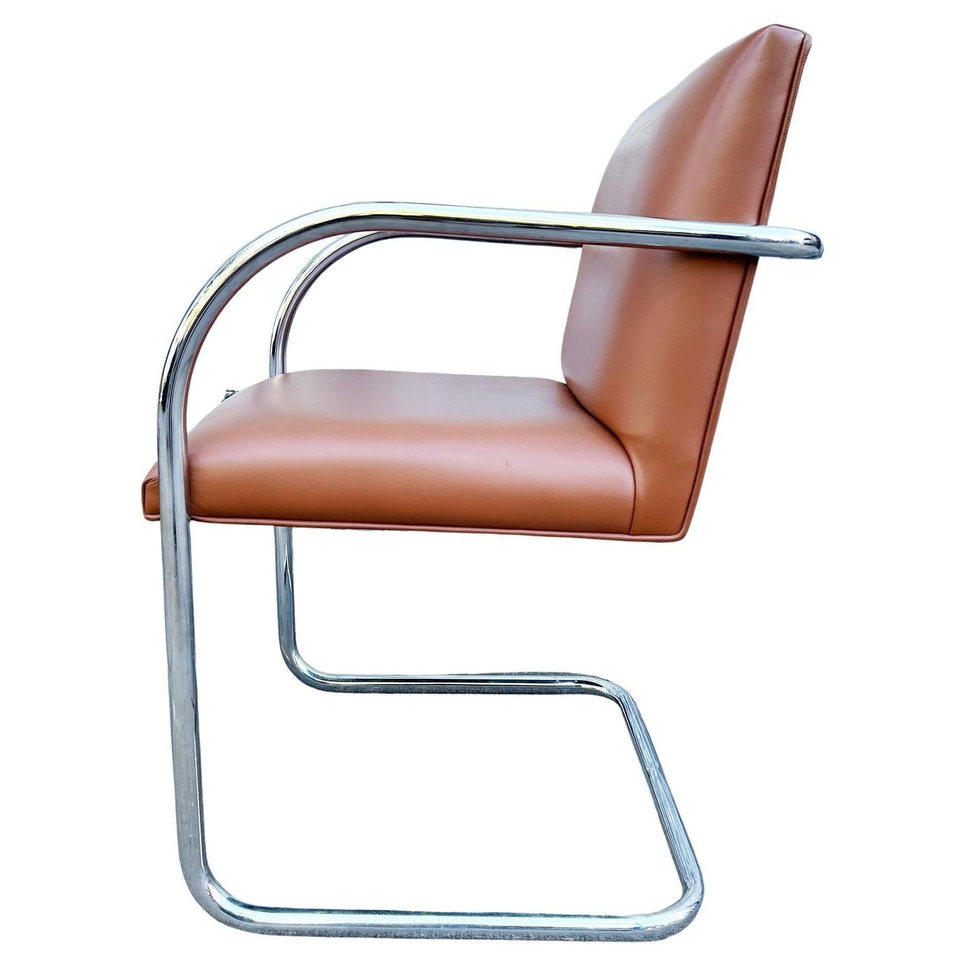 Beautiful set of 6 Brno tubular Chrome & cognac brown Leather Cantilever Arm Chairs or Dining Chairs. Selling as a set of 6 chairs. Labeled Gordon International. Designed by Mies van der Rohe. Great vintage condition circa 1970. Located in Brooklyn