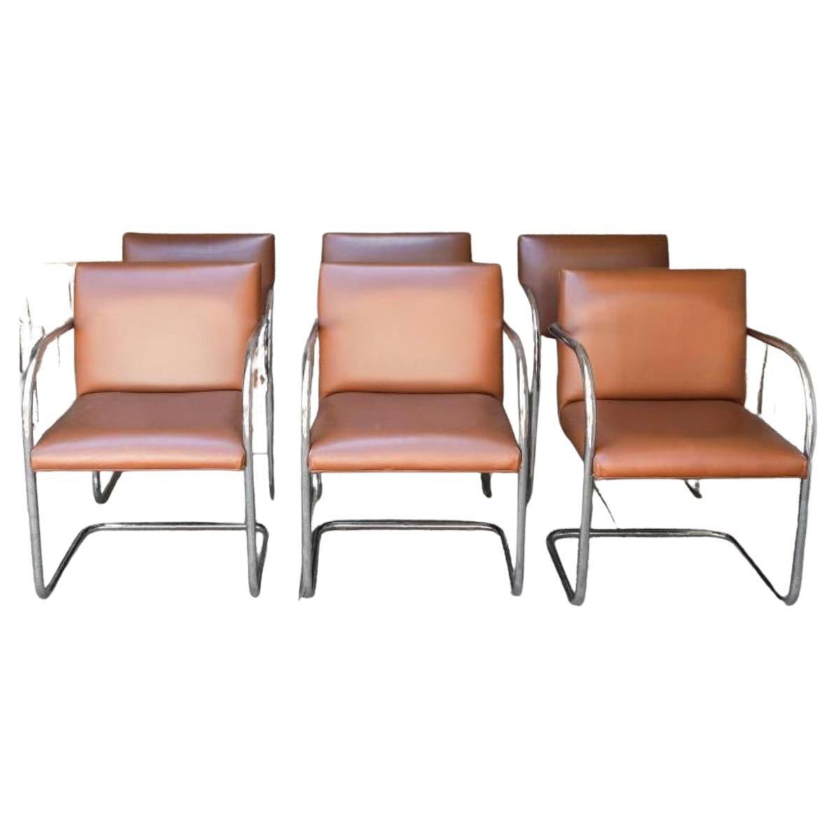 Set of 6 Mid Century Brno Chairs Chrome Cognac Leather 3