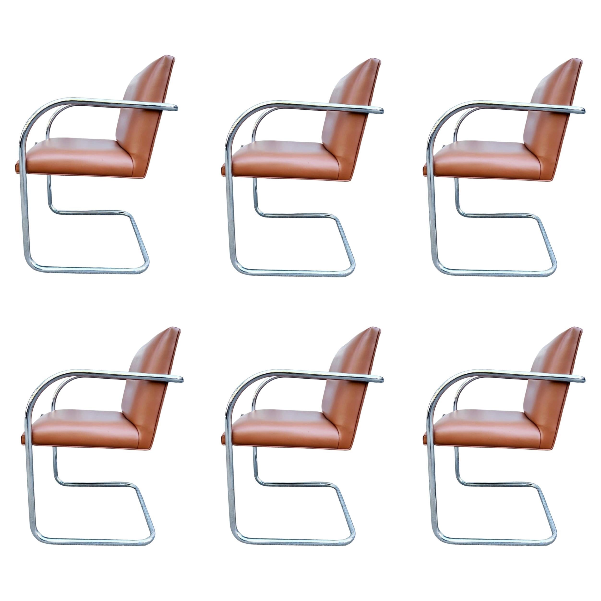 Set of 6 Mid Century Brno Chairs Chrome Cognac Leather