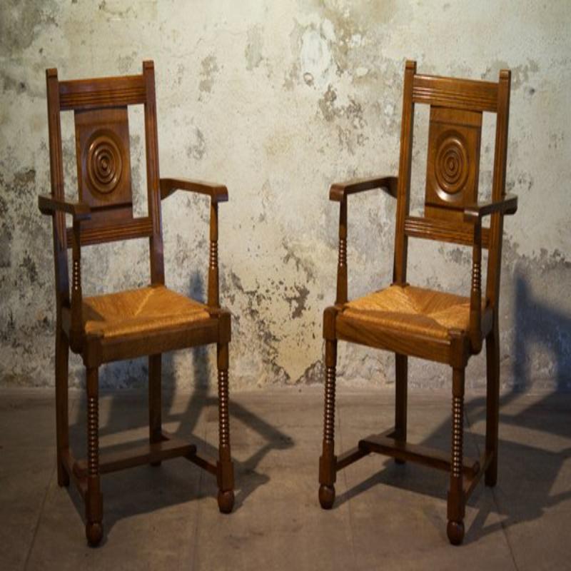 Paglia Set di 6 sedie e poltrone brutaliste di metà secolo, anni '50 in vendita