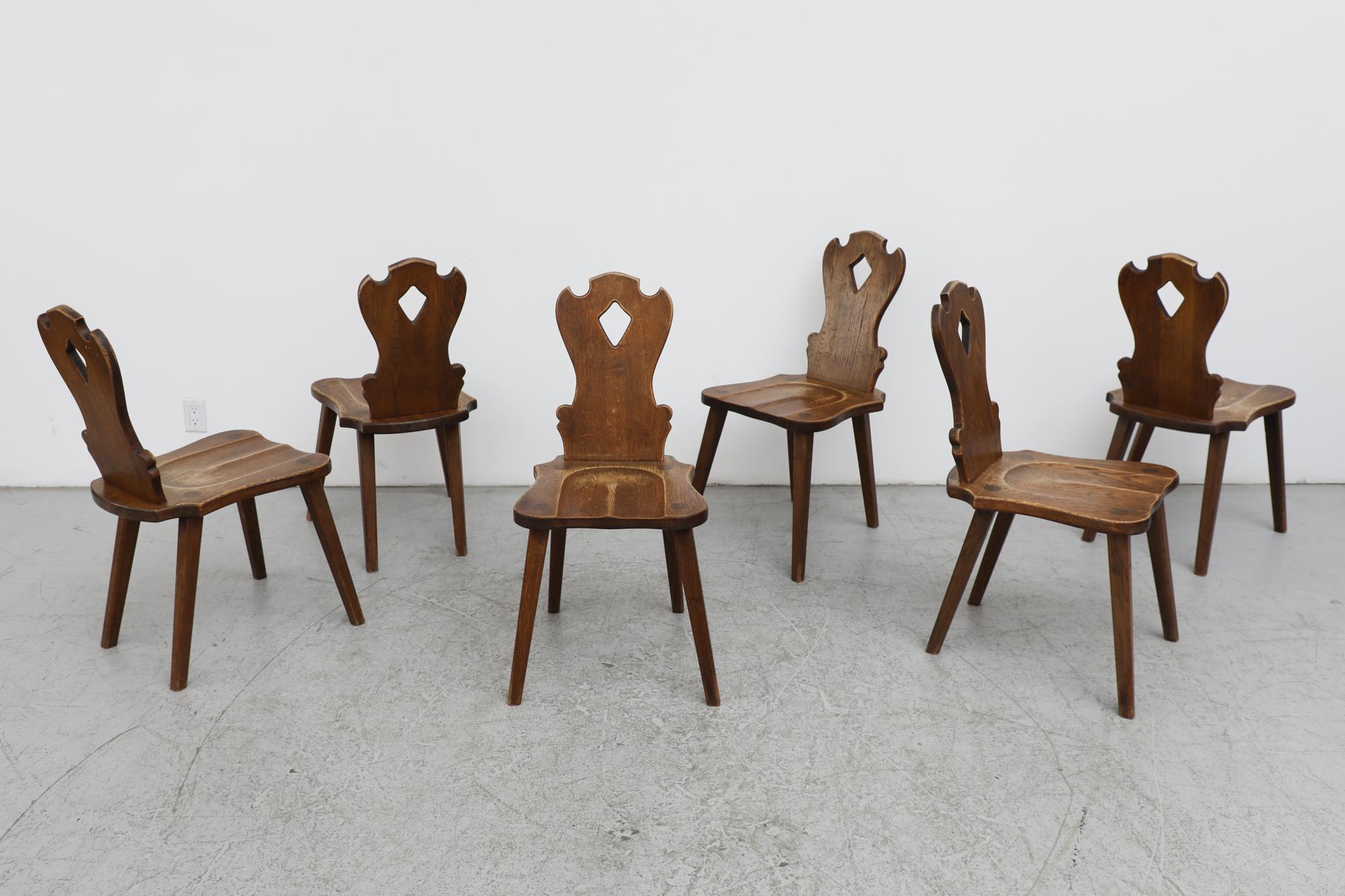 Mid-Century Modern Set of 6 Tyrolean Style Mid-Century Brutalist Organic Carved Dark Oak Chairs For Sale