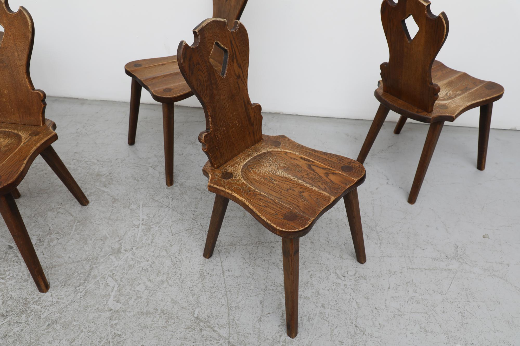 Dutch Set of 6 Tyrolean Style Mid-Century Brutalist Organic Carved Dark Oak Chairs For Sale