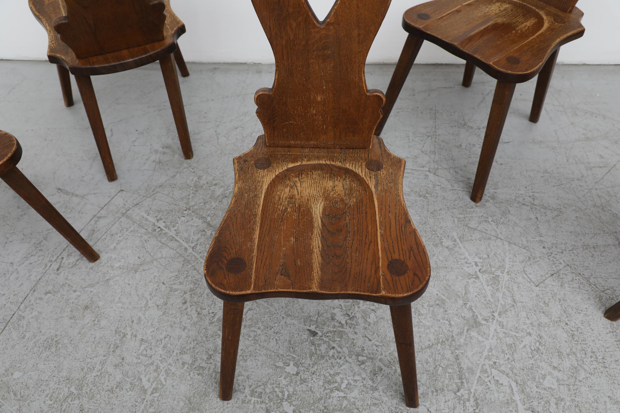 Dutch Set of 6 Tyrolean Style Mid-Century Brutalist Organic Carved Dark Oak Chairs