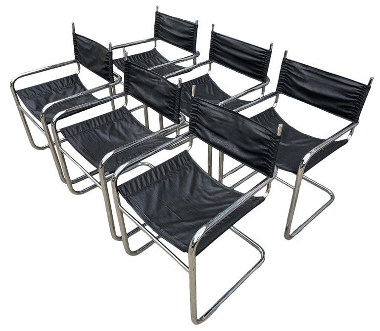 Set of 6 Mid Century Cantilevered Chrome Dining Arm Chairs Style of Mart Stam For Sale 2