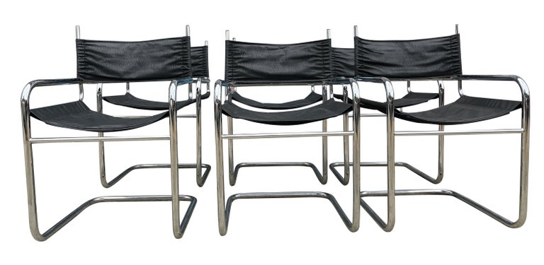 Mid-Century Modern Set of 6 Mid Century Cantilevered Chrome Dining Arm Chairs Style of Mart Stam For Sale