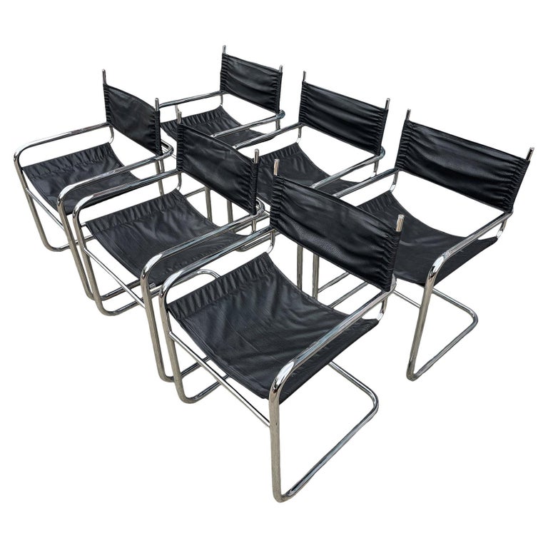 Set of 6 Mid Century Cantilevered Chrome Dining Arm Chairs Style of Mart Stam For Sale