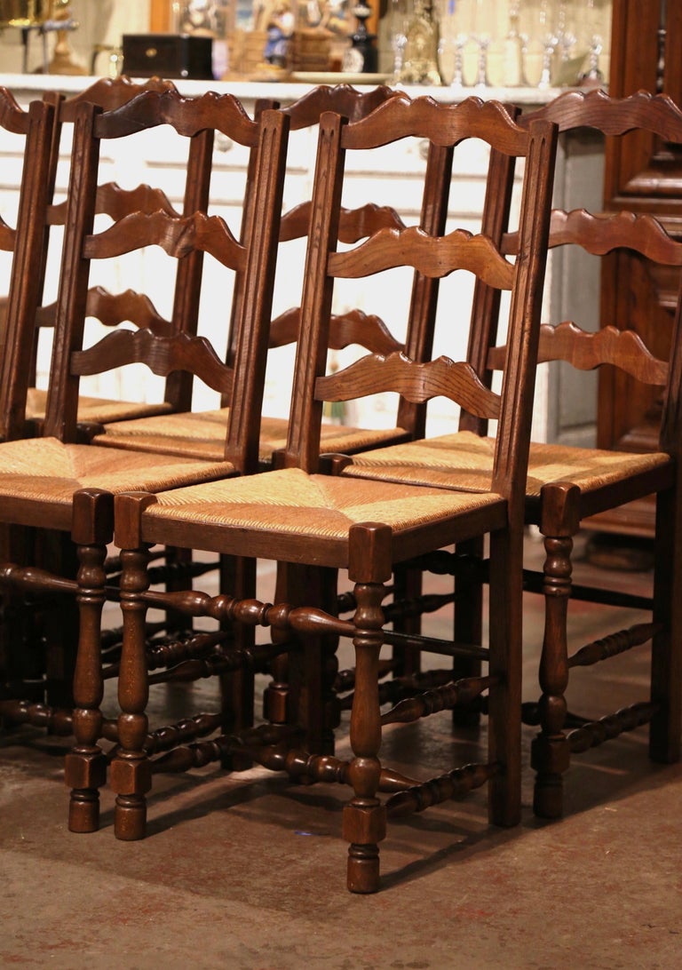 Country Set of 6 Mid-Century Carved Oak Ladder Back Chairs with Rush Seat from Normandy For Sale