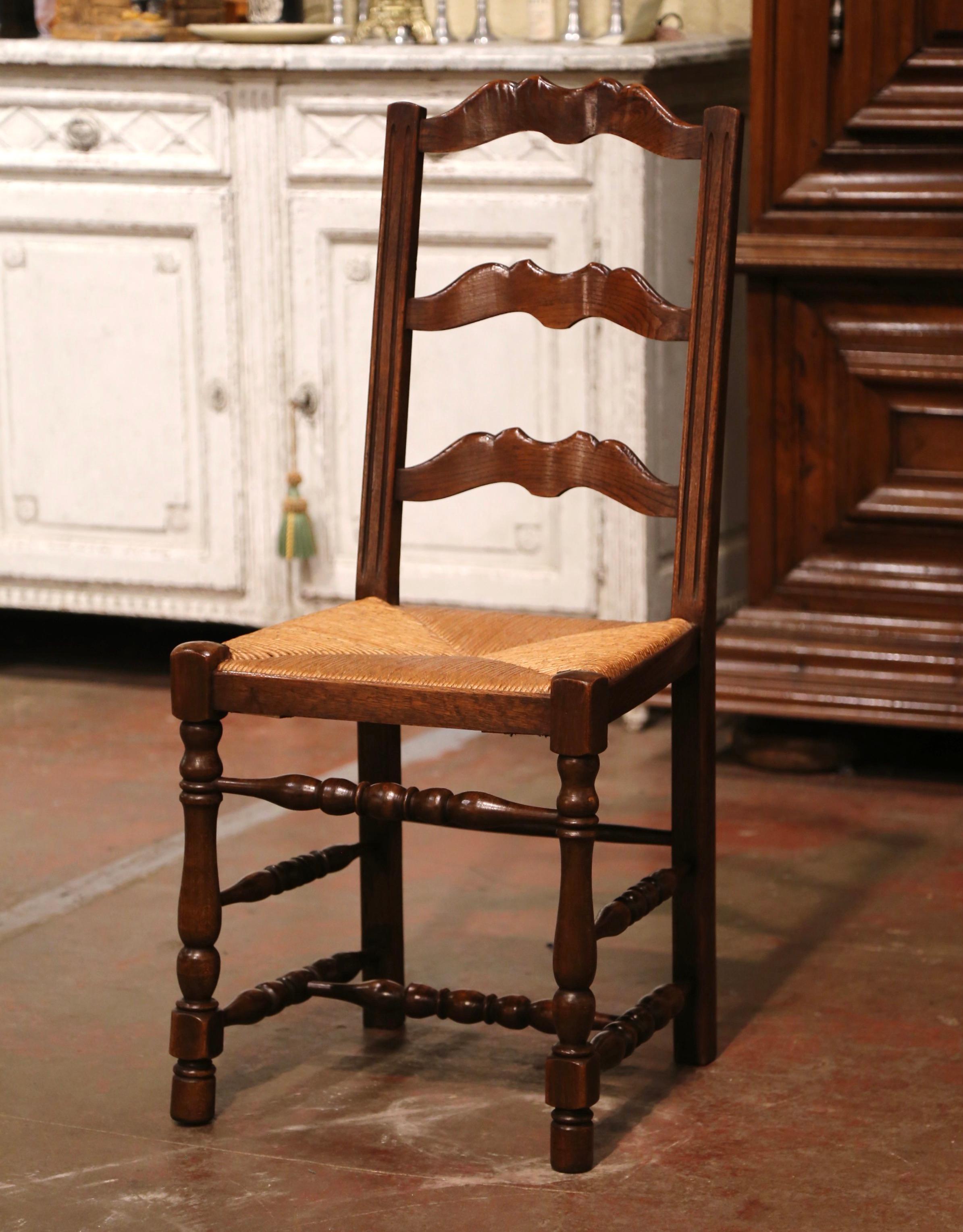 Country Set of 6 Mid-Century Carved Oak Ladder Back Chairs with Rush Seat from Normandy