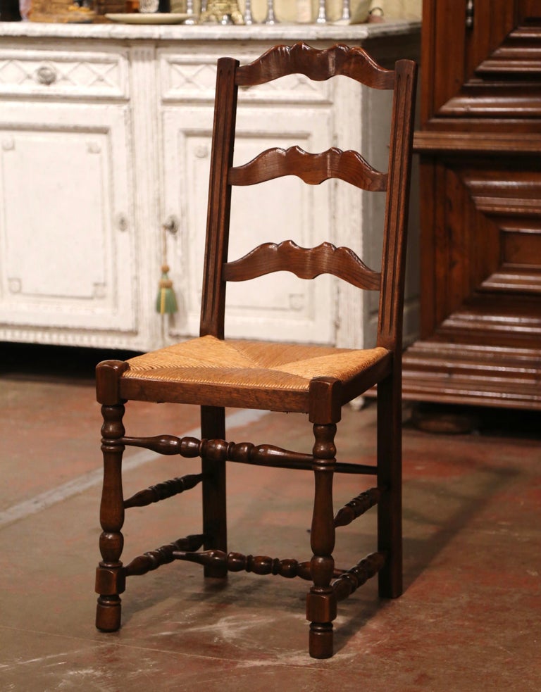 French Set of 6 Mid-Century Carved Oak Ladder Back Chairs with Rush Seat from Normandy For Sale