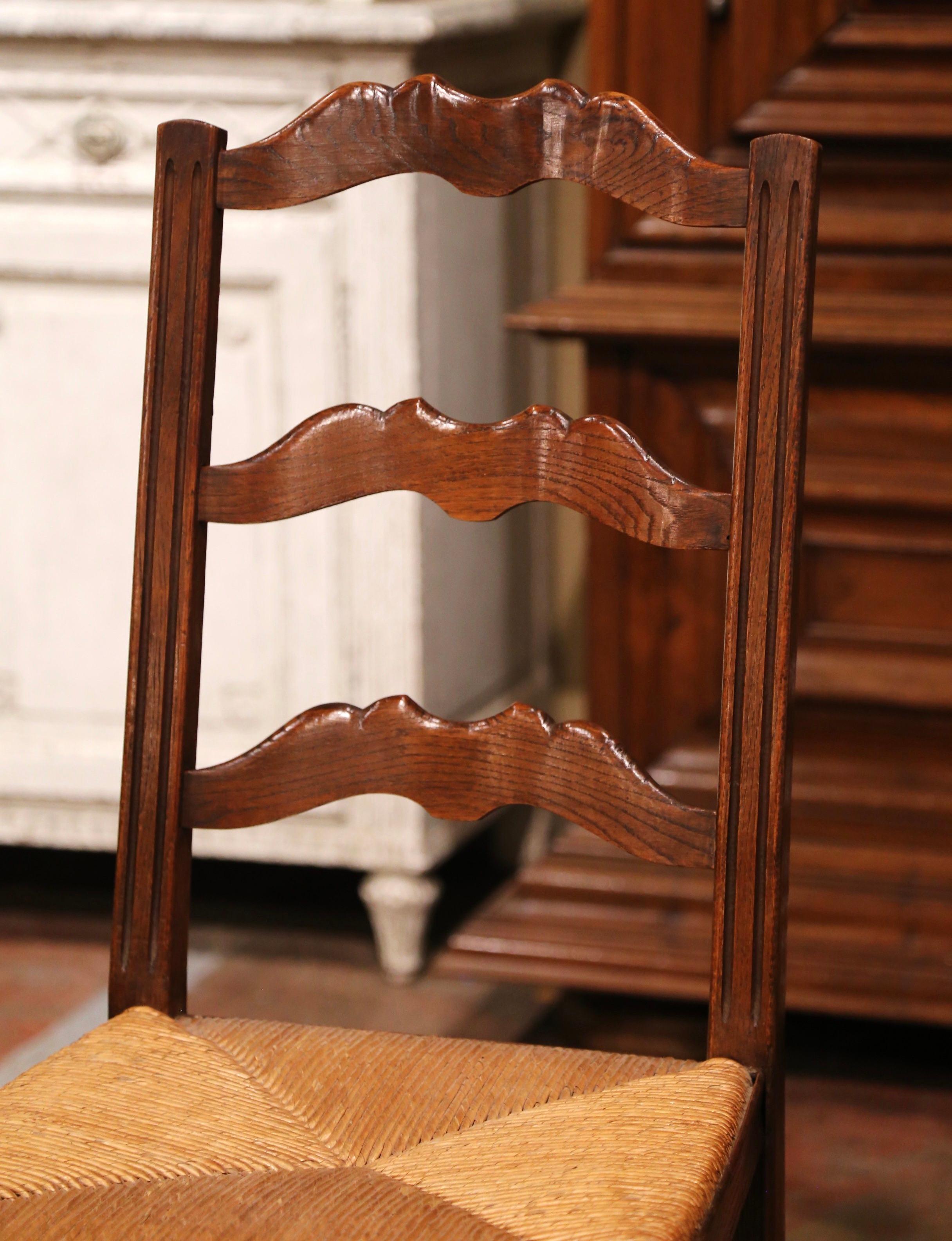 French Set of 6 Mid-Century Carved Oak Ladder Back Chairs with Rush Seat from Normandy