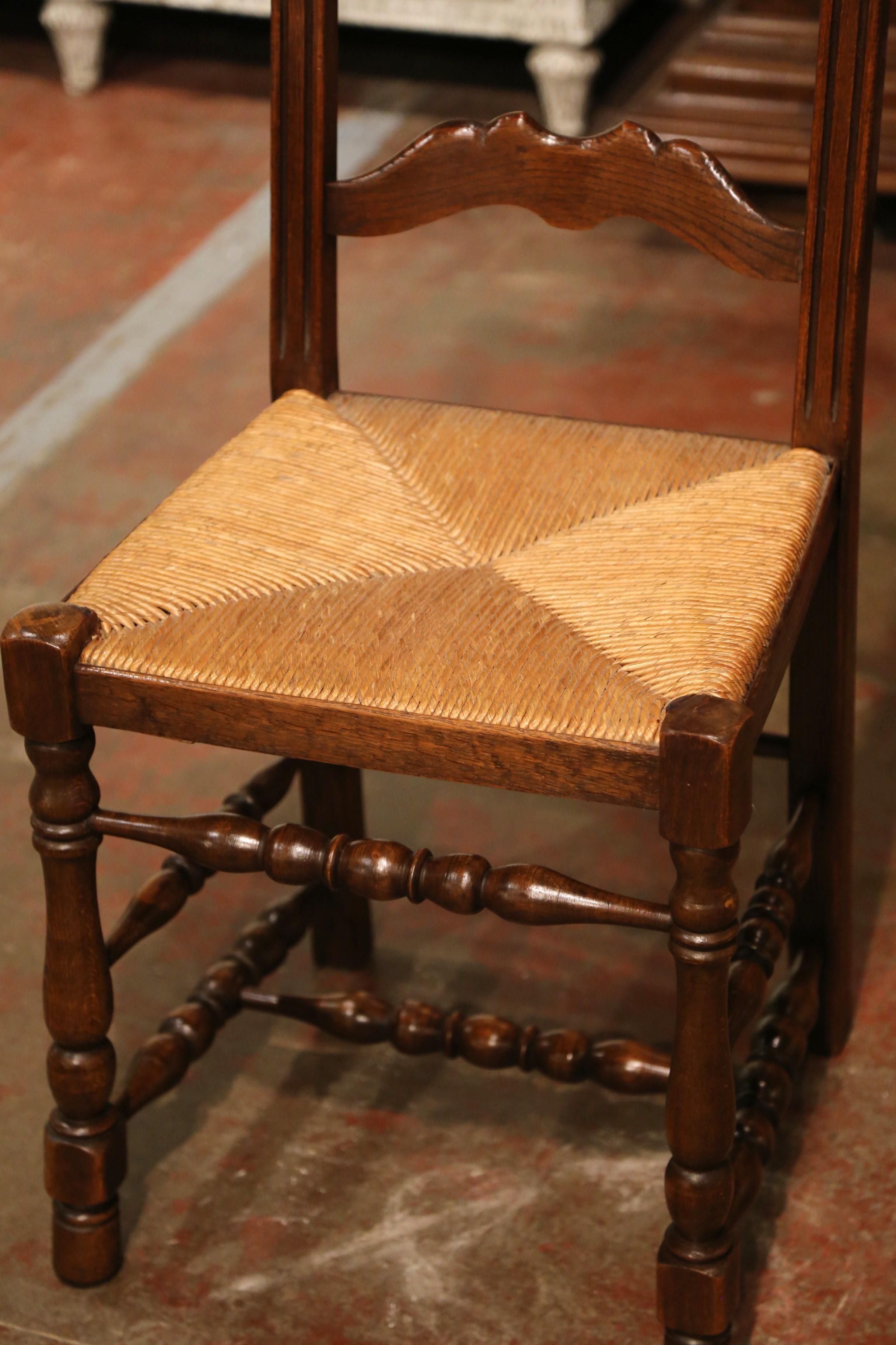 Set of 6 Mid-Century Carved Oak Ladder Back Chairs with Rush Seat from Normandy In Excellent Condition In Dallas, TX